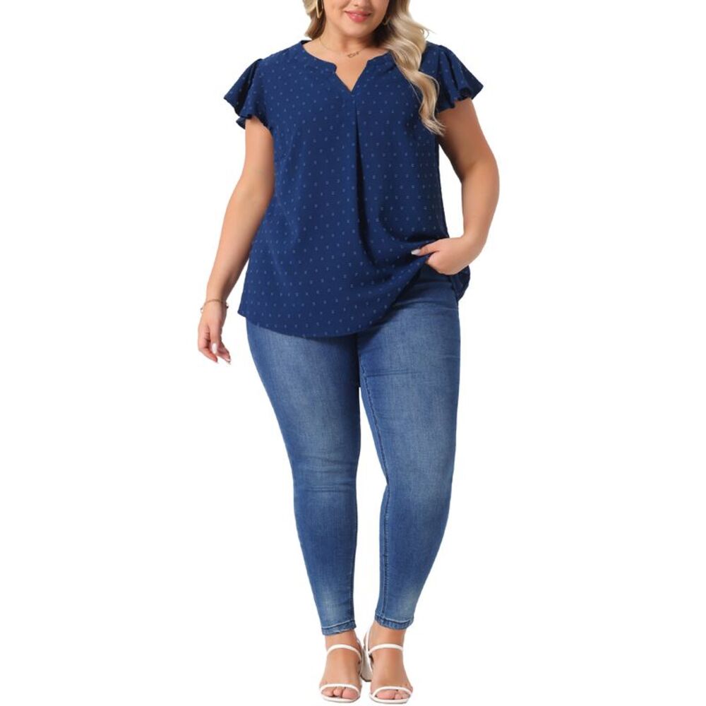 Plus Size Blouses Notched Neck Ruffle Sleeve Basic Top Dark Blue - Picture 3 of 6